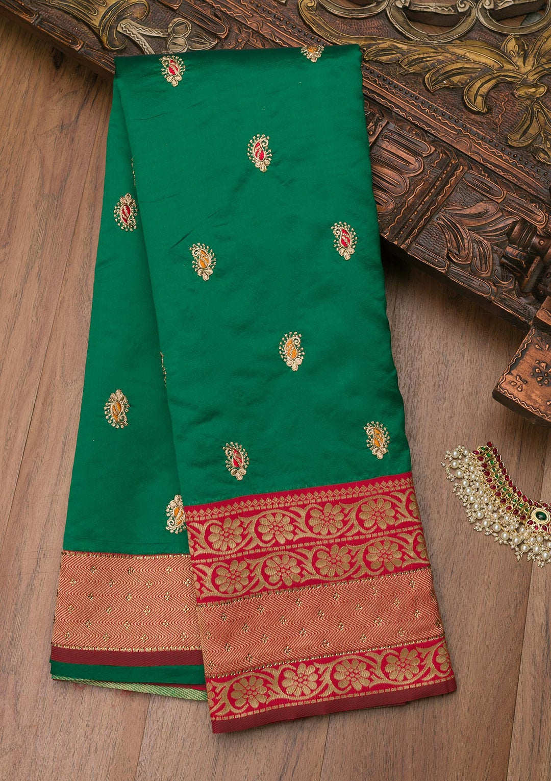 Bottle Green Zariwork Art Silk Saree-Koskii