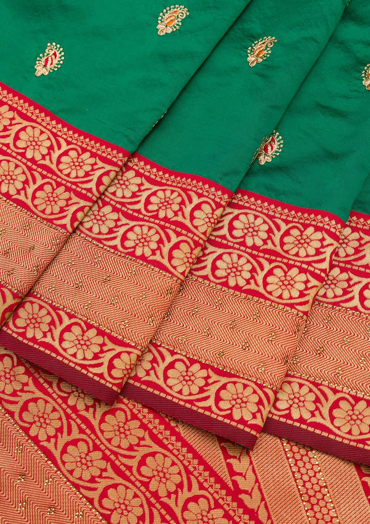 Bottle Green Zariwork Art Silk Saree-Koskii