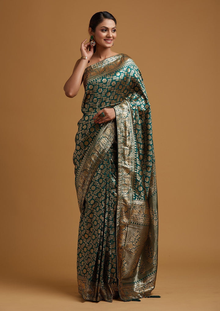 Bottle Green Zariwork Banarasi Designer Saree - koskii
