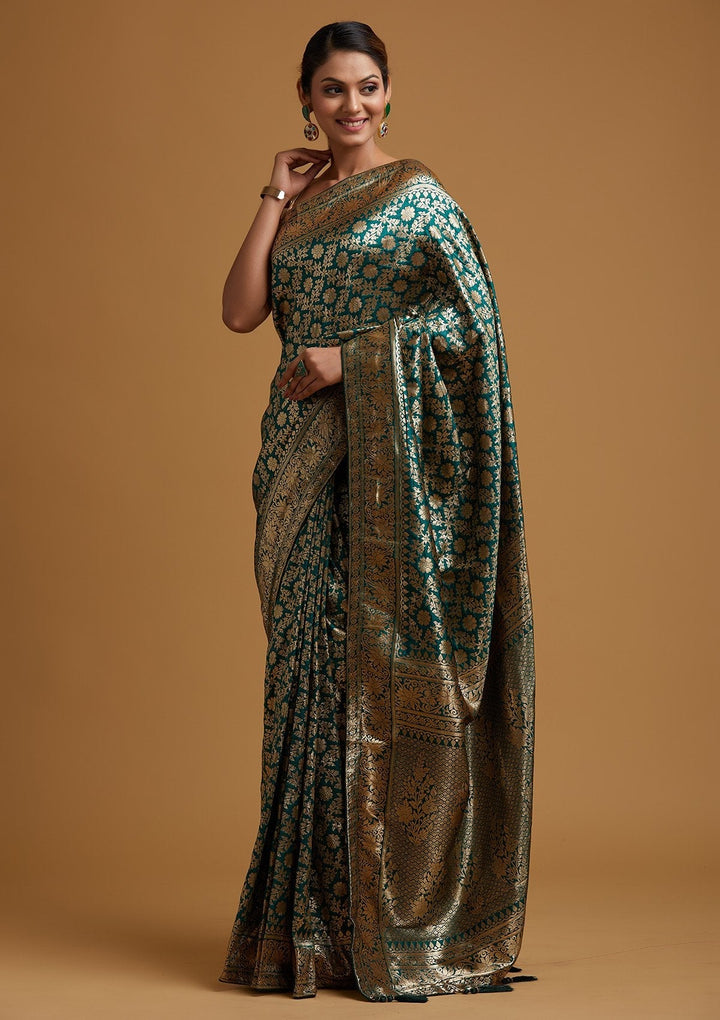 Bottle Green Zariwork Banarasi Designer Saree - koskii