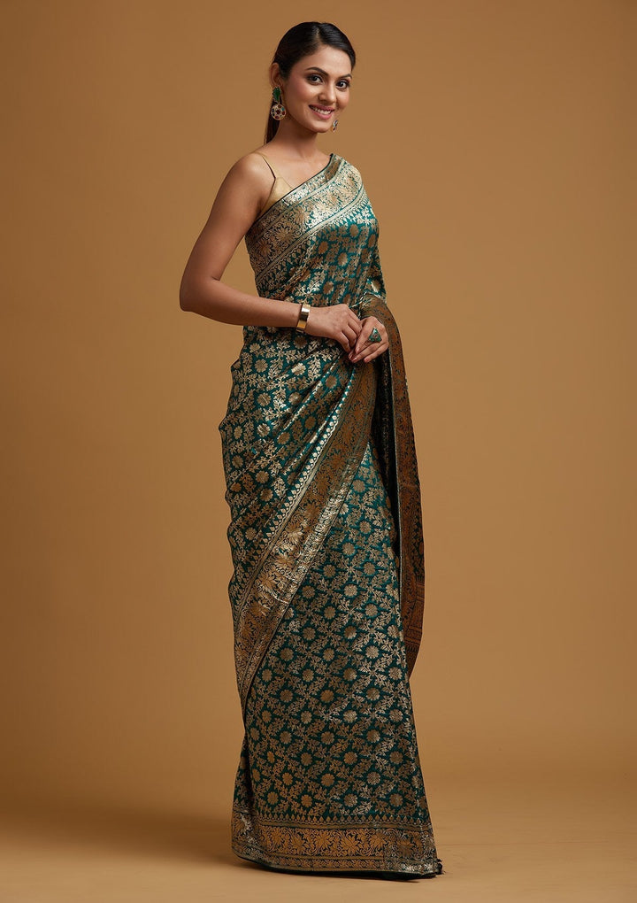 Bottle Green Zariwork Banarasi Designer Saree - koskii