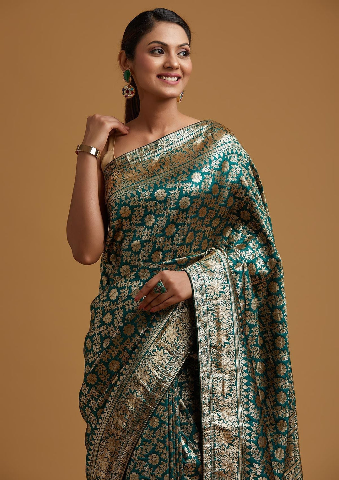 Bottle Green Zariwork Banarasi Designer Saree - koskii