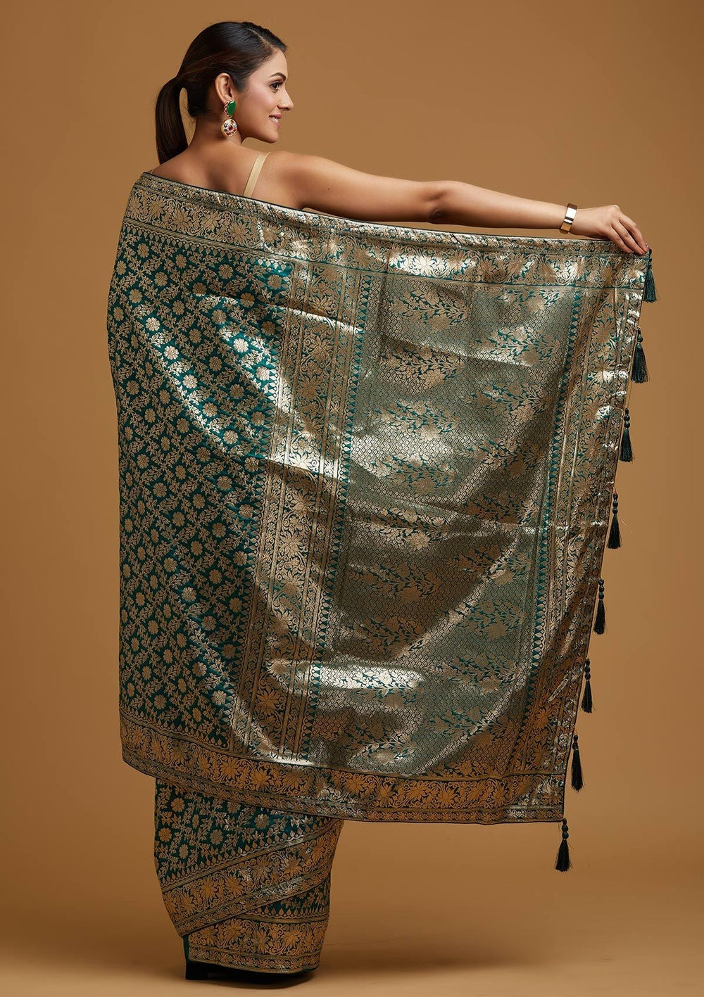 Bottle Green Zariwork Banarasi Designer Saree - koskii