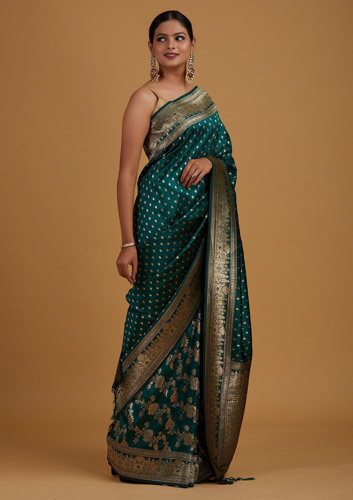 Bottle Green Zariwork Banarasi Designer Saree - Koskii