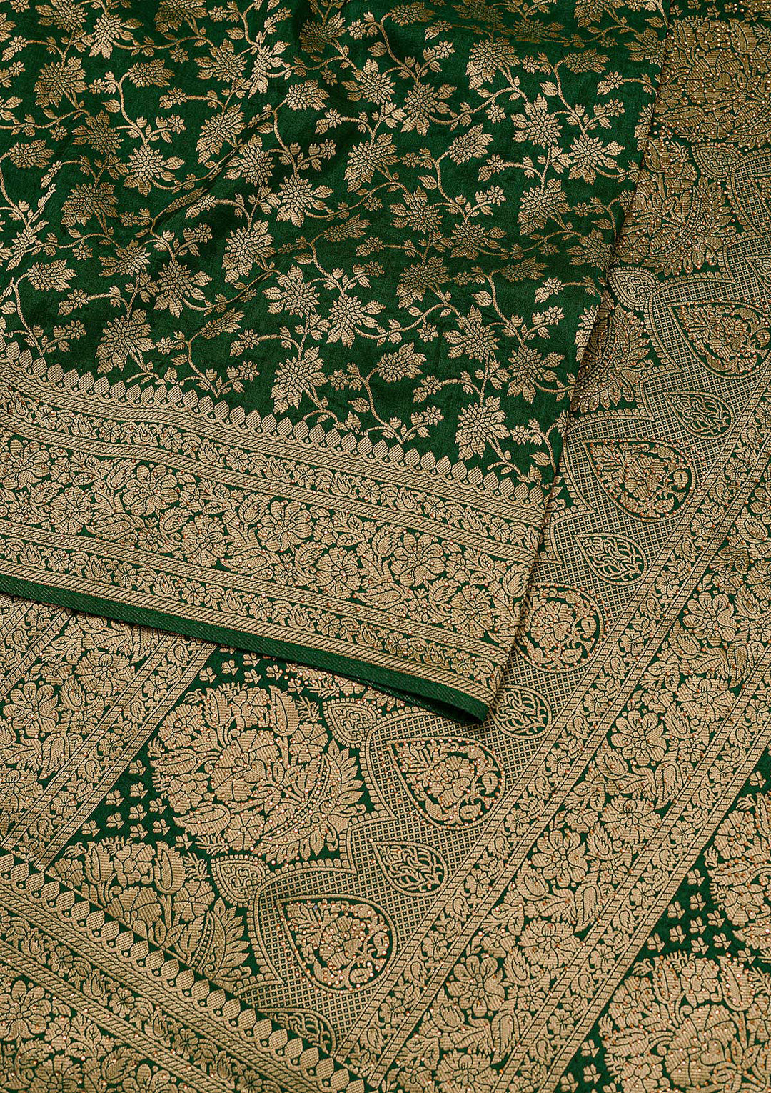 Bottle Green Zari Work Banarasi Saree-Koskii