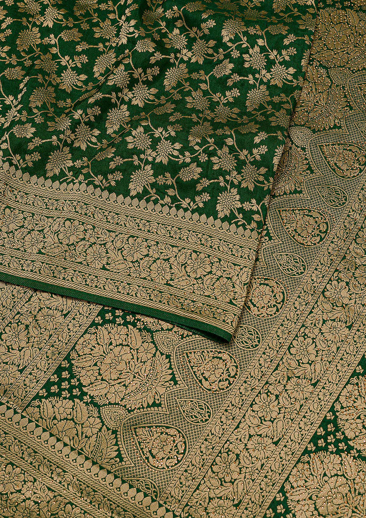 Bottle Green Zari Work Banarasi Saree-Koskii