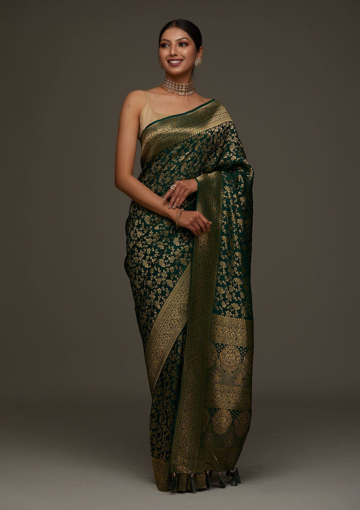 Bottle Green Zariwork Banarasi Designer Saree- Koskii