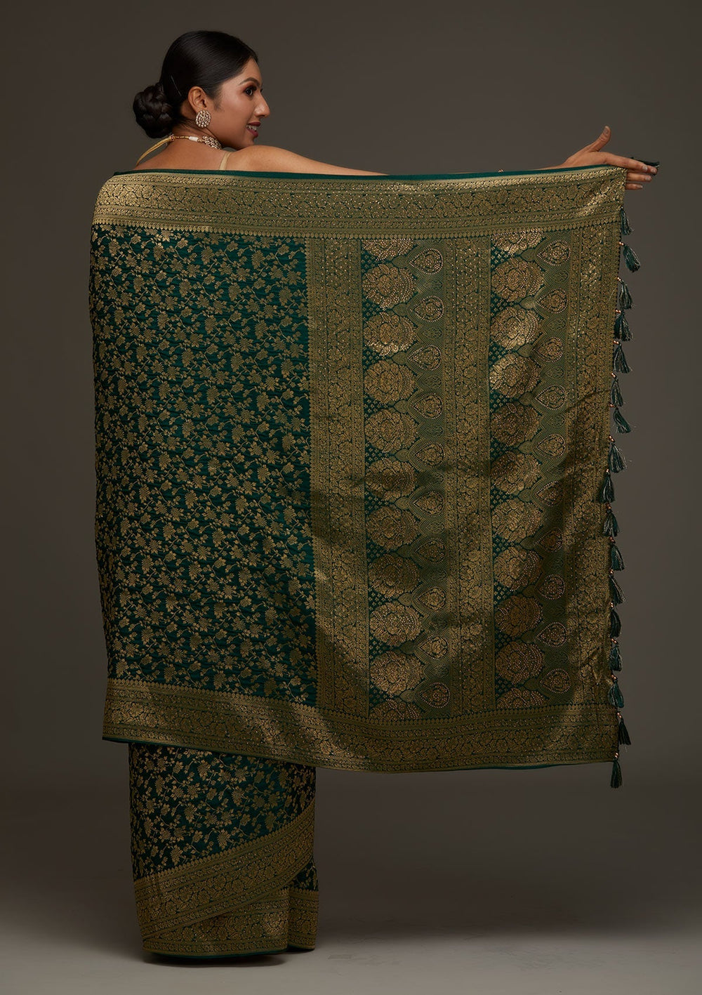 Bottle Green Zariwork Banarasi Designer Saree - Koskii