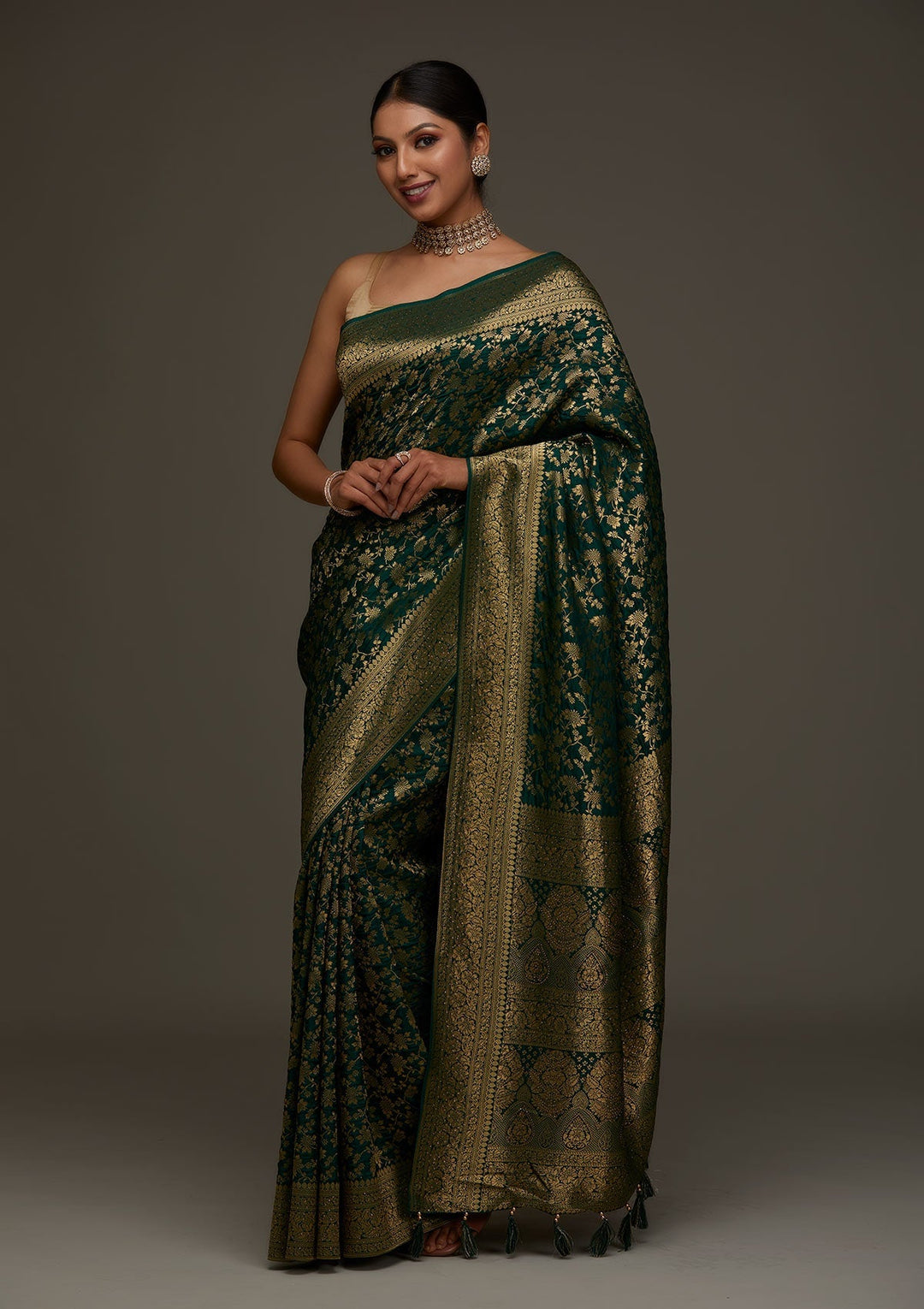 Bottle Green Zariwork Banarasi Designer Saree - Koskii