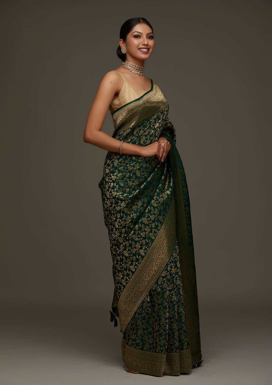 Bottle Green Zariwork Banarasi Designer Saree - Koskii