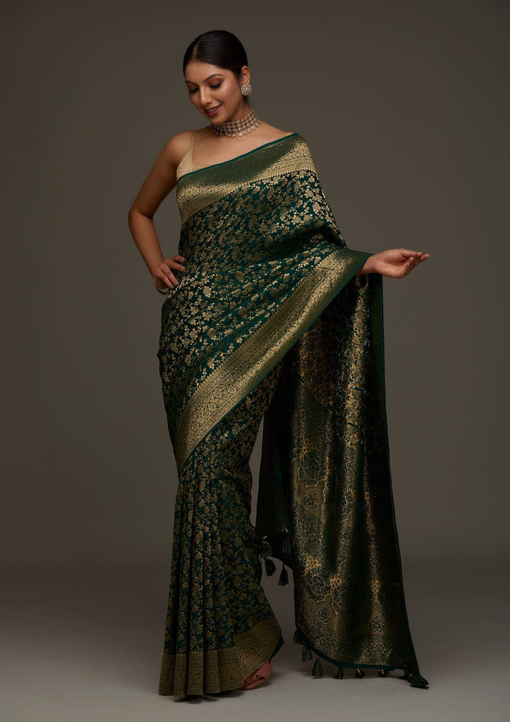Bottle Green Zariwork Banarasi Designer Saree - Koskii