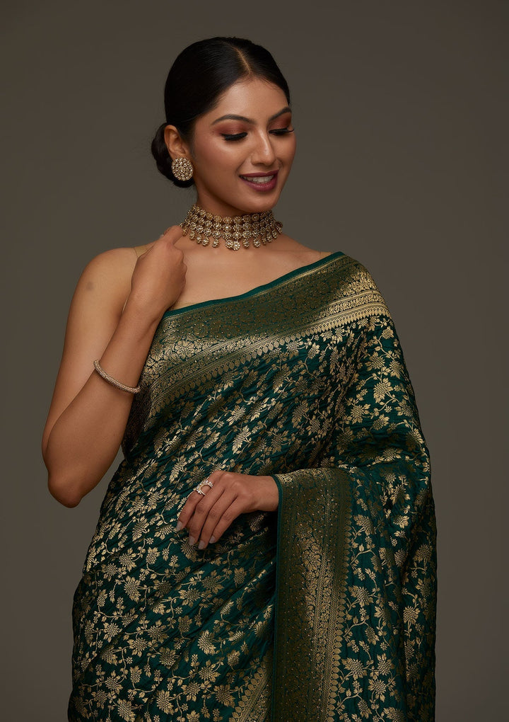 Bottle Green Zariwork Banarasi Designer Saree - Koskii