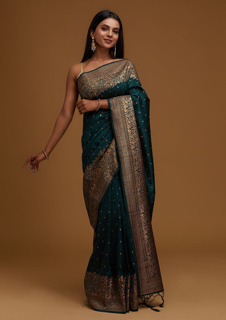 Bottle Green Zariwork Banarasi Designer Saree - Koskii