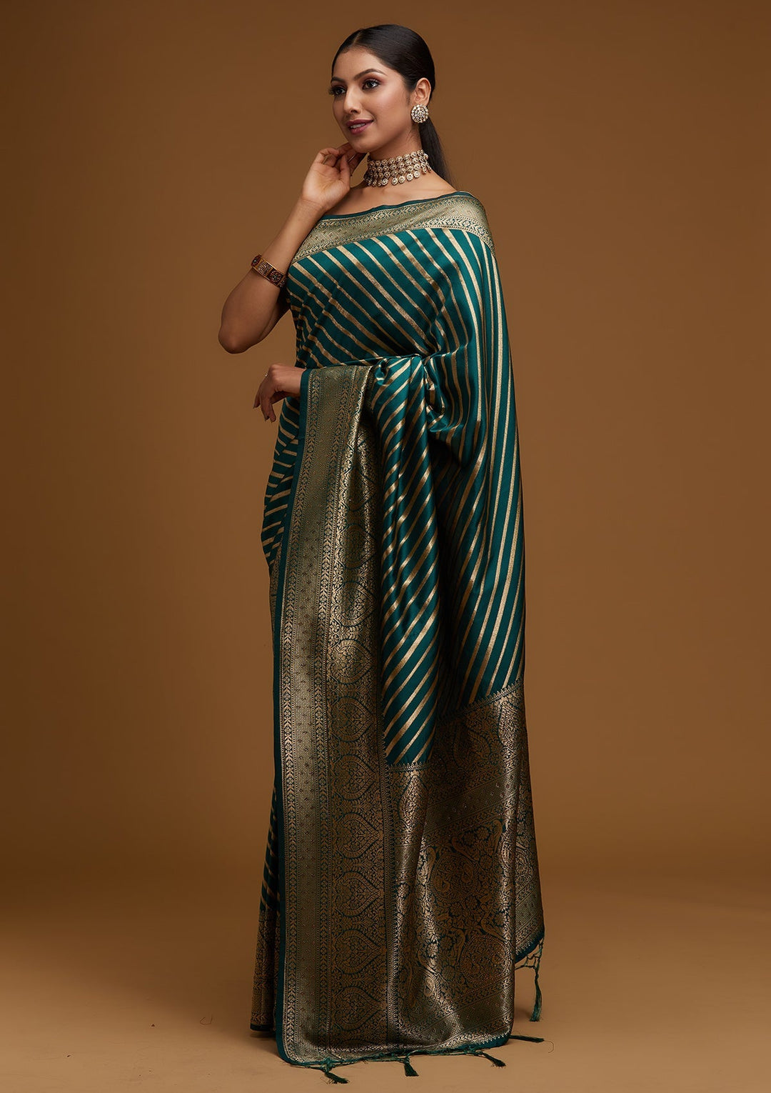 Bottle Green Zariwork Banarasi Designer Saree - Koskii