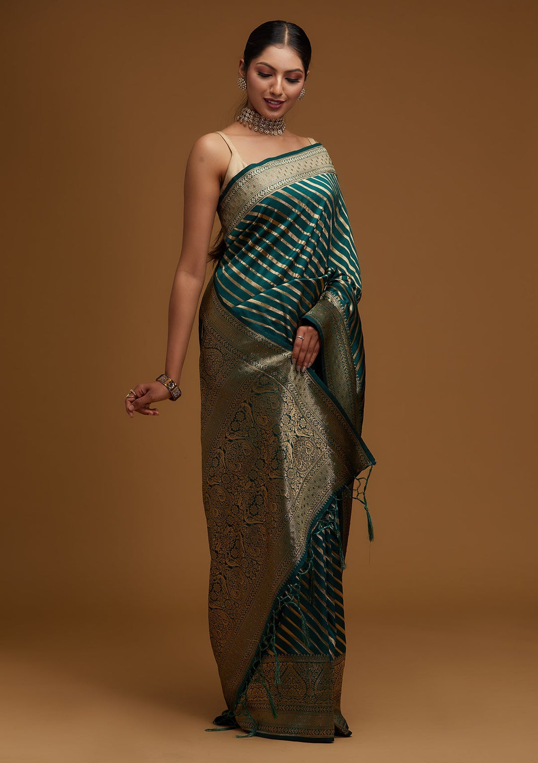 Bottle Green Zariwork Banarasi Designer Saree - Koskii