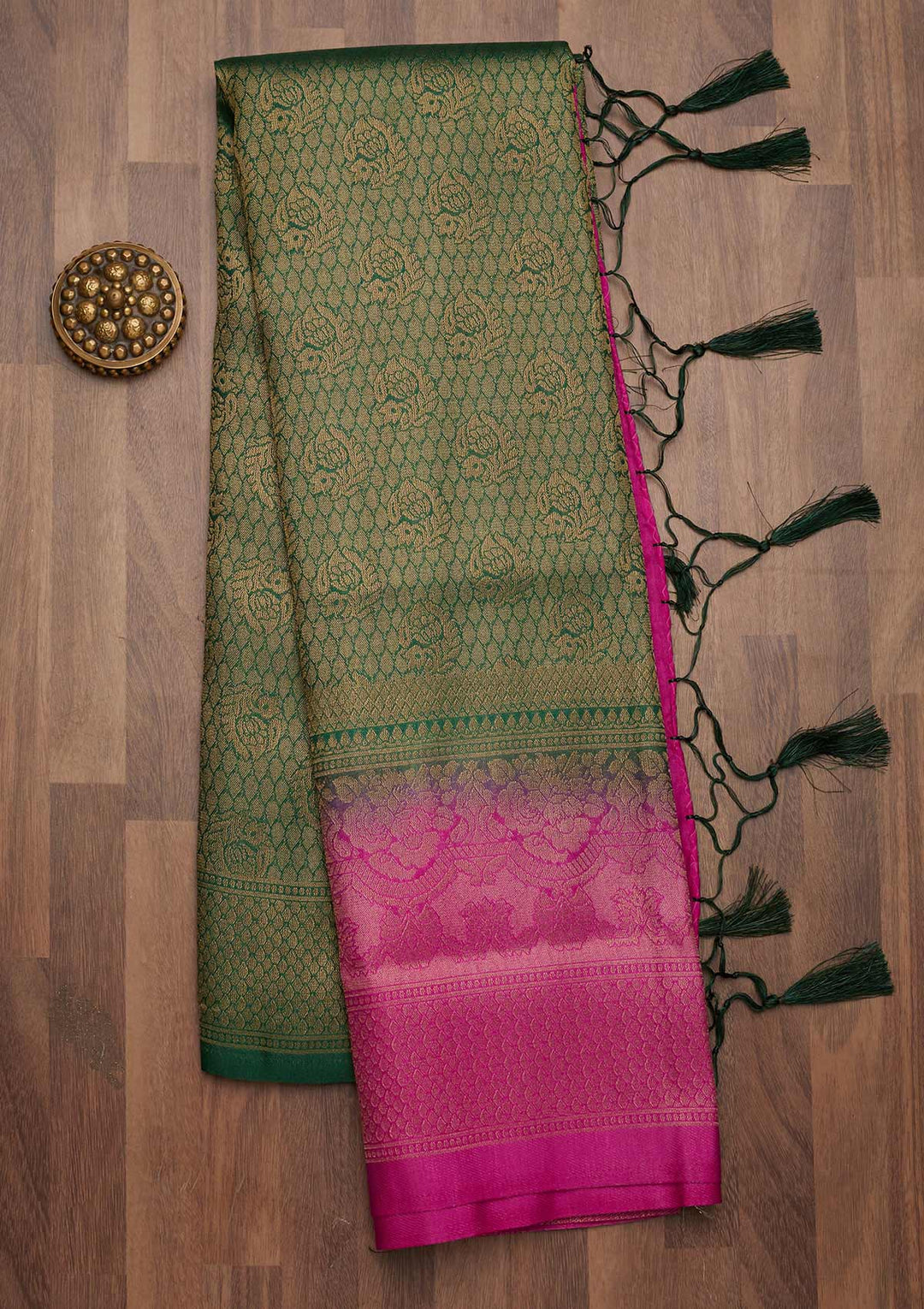 Bottle Green Zariwork Brocade Saree-Koskii