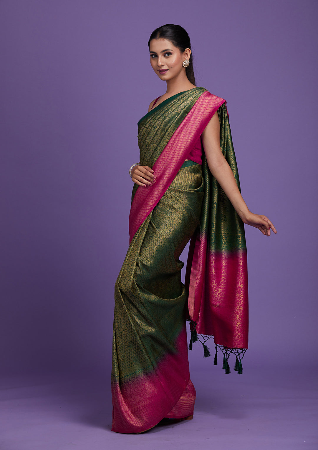 Bottle Green Zariwork Brocade Saree-Koskii
