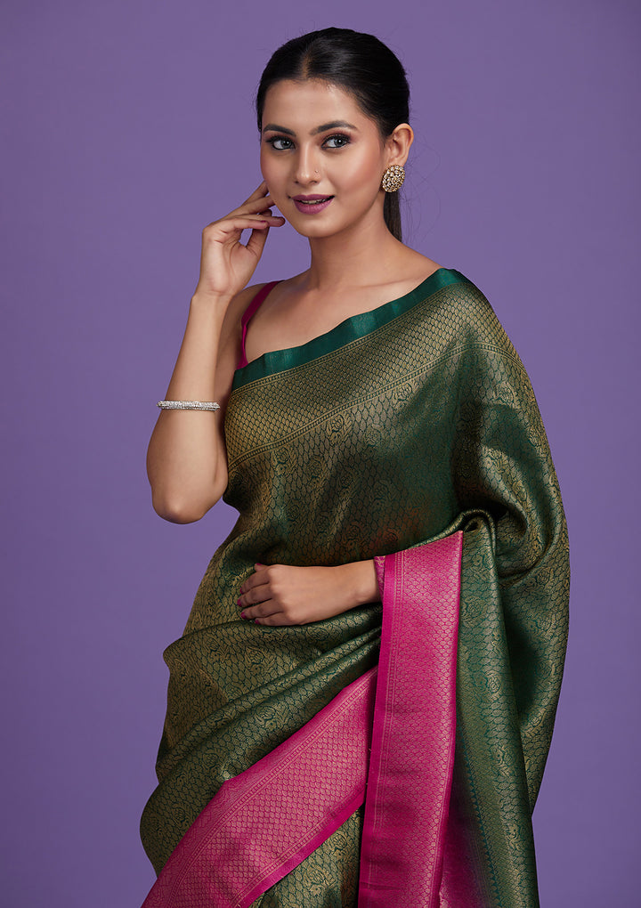Bottle Green Zariwork Brocade Saree-Koskii