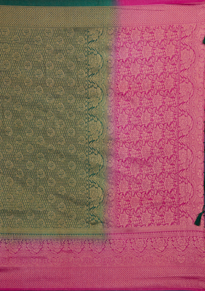 Bottle Green Zariwork Brocade Saree-Koskii