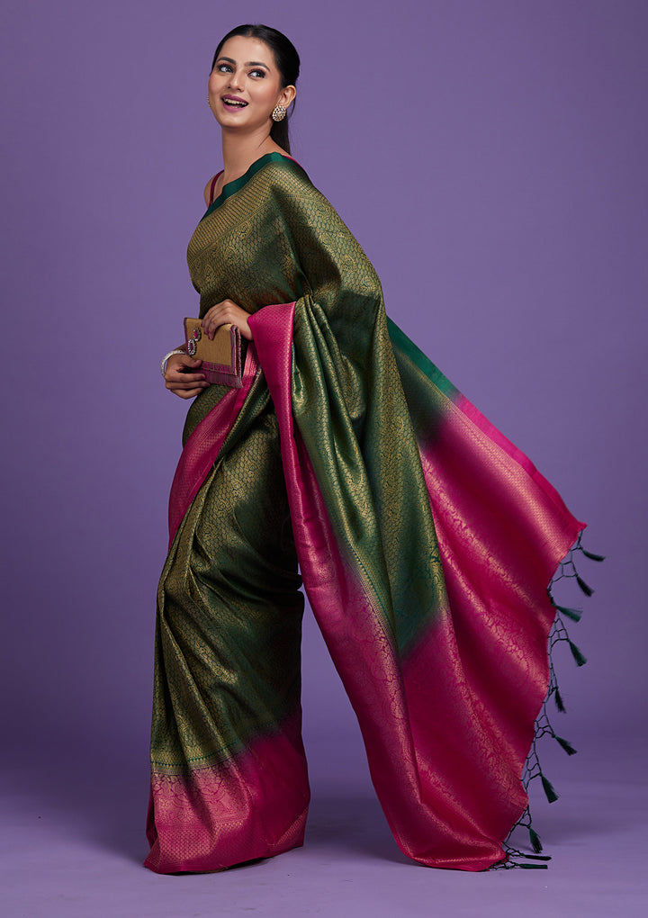 Bottle Green Zariwork Brocade Saree-Koskii