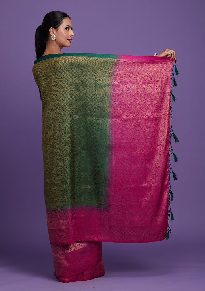 Bottle Green Zariwork Brocade Saree-Koskii