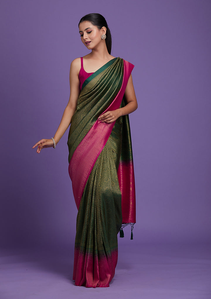 Bottle Green Zariwork Brocade Saree-Koskii