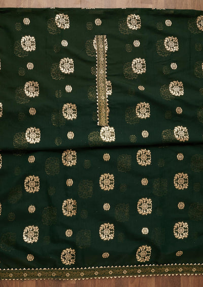 Bottle Green Zariwork Chanderi Semi-Stitched Salwar Suit-Koskii