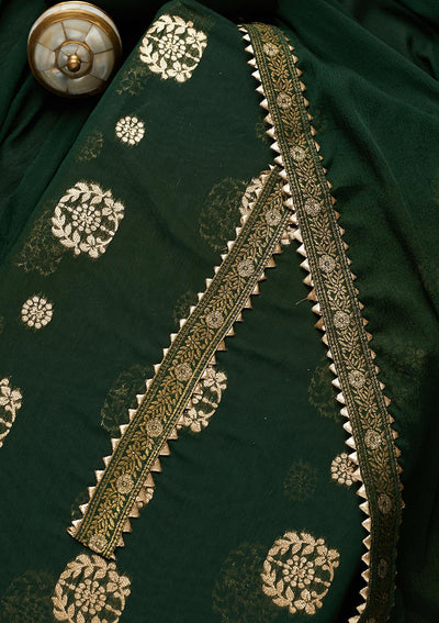 Bottle Green Zariwork Chanderi Semi-Stitched Salwar Suit-Koskii