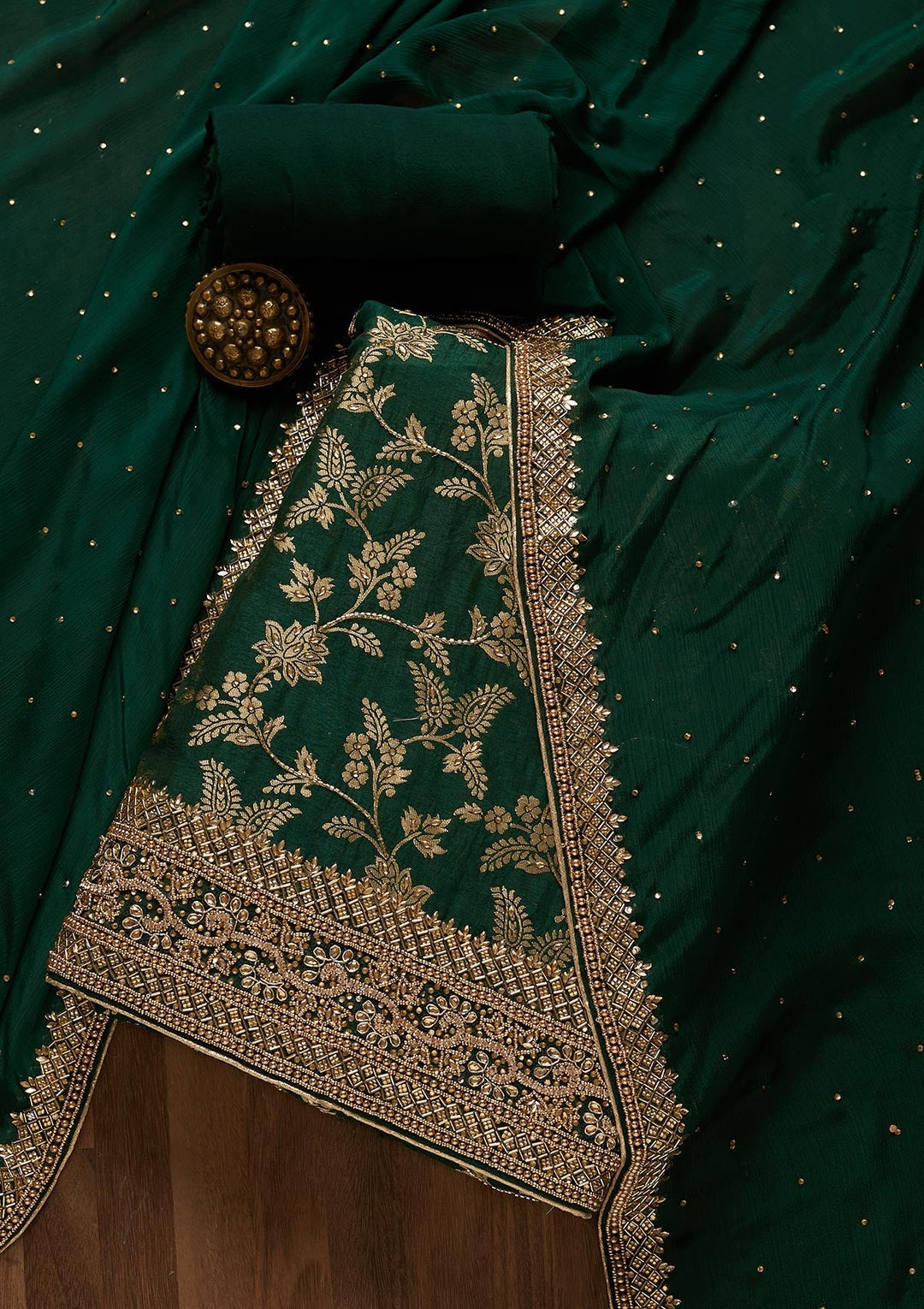 Bottle Green Zariwork Chanderi Unstitched Salwar Suit-Koskii