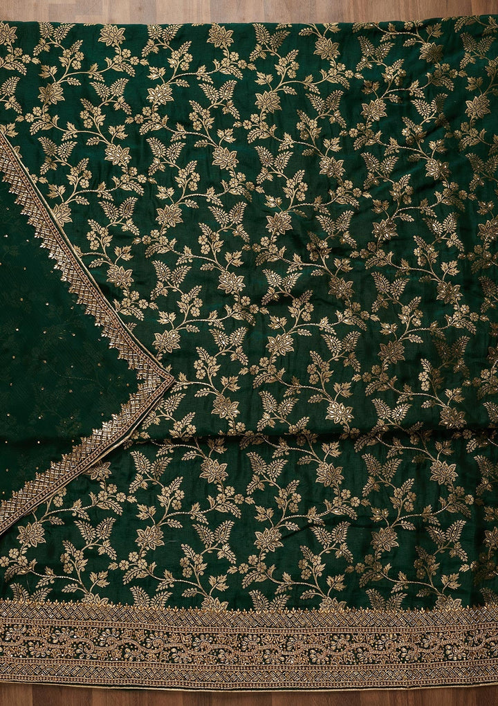 Bottle Green Zariwork Chanderi Unstitched Salwar Suit-Koskii
