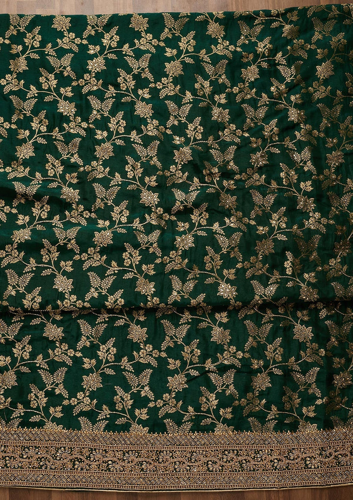 Bottle Green Zariwork Chanderi Unstitched Salwar Suit-Koskii