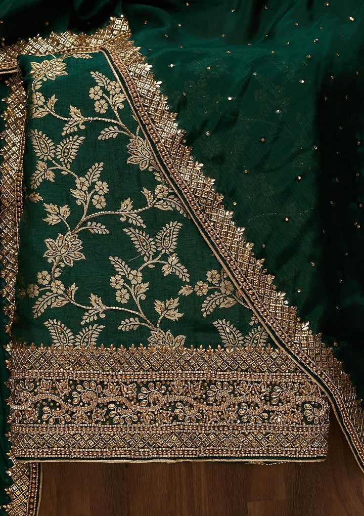 Bottle Green Zariwork Chanderi Unstitched Salwar Suit-Koskii