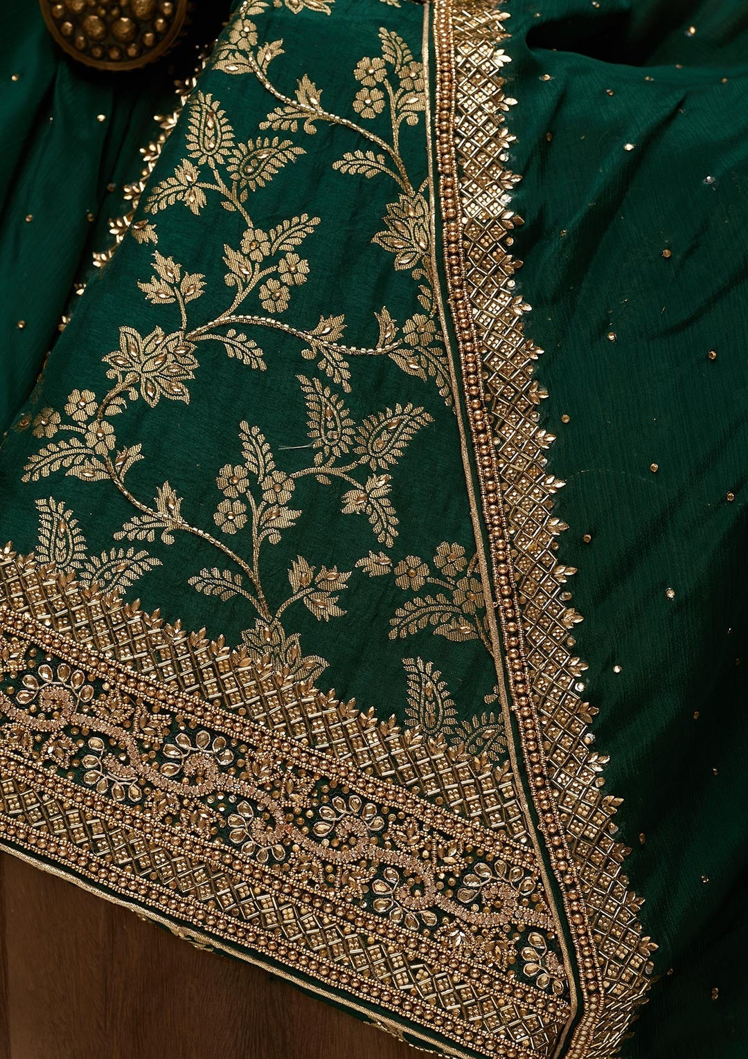 Bottle Green Zariwork Chanderi Unstitched Salwar Suit-Koskii