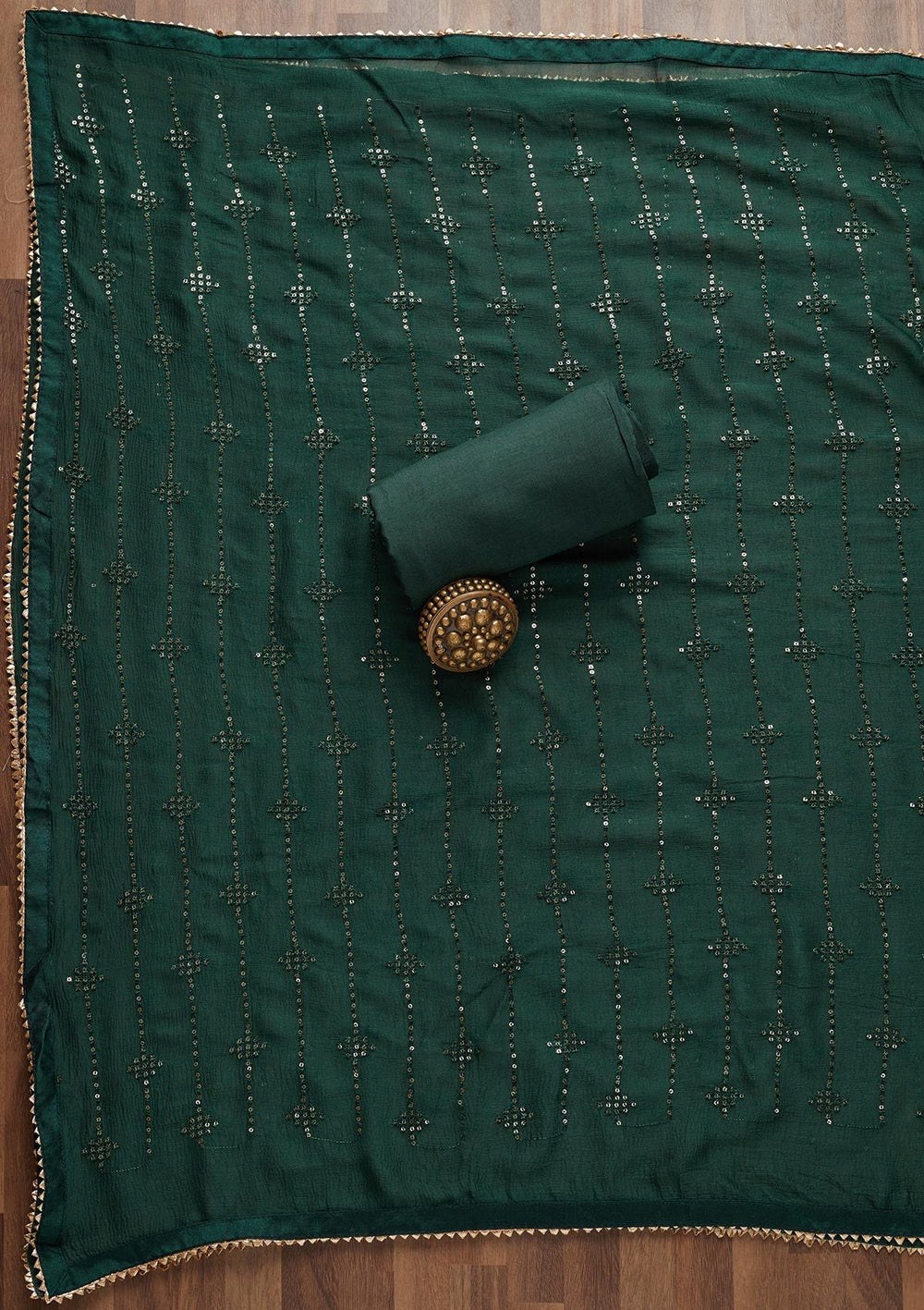 Bottle Green Zariwork Chanderi Unstitched Salwar Suit - Koskii