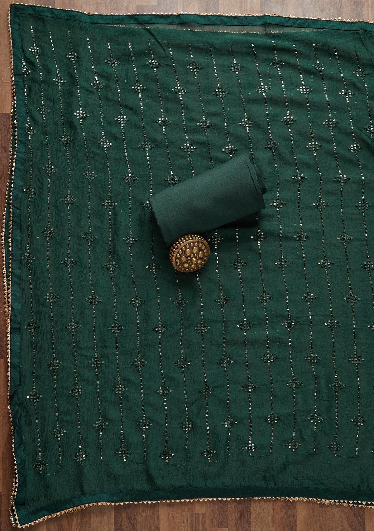 Bottle Green Zariwork Chanderi Unstitched Salwar Suit - Koskii