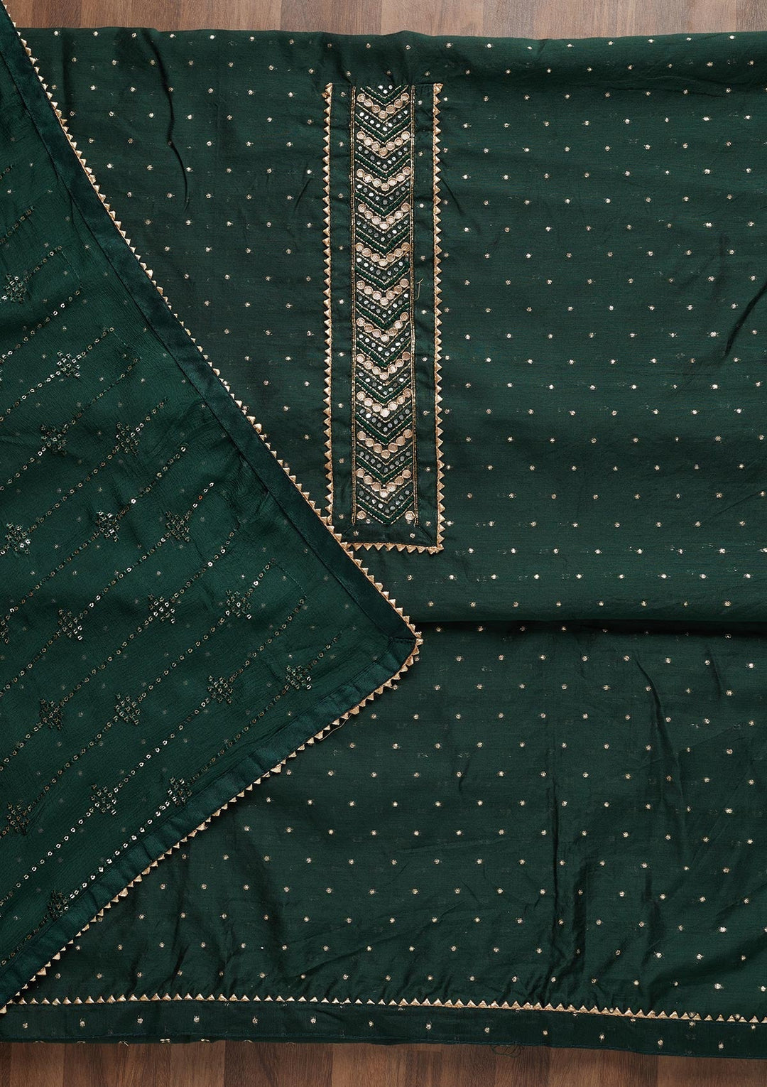 Bottle Green Zariwork Chanderi Unstitched Salwar Suit - Koskii
