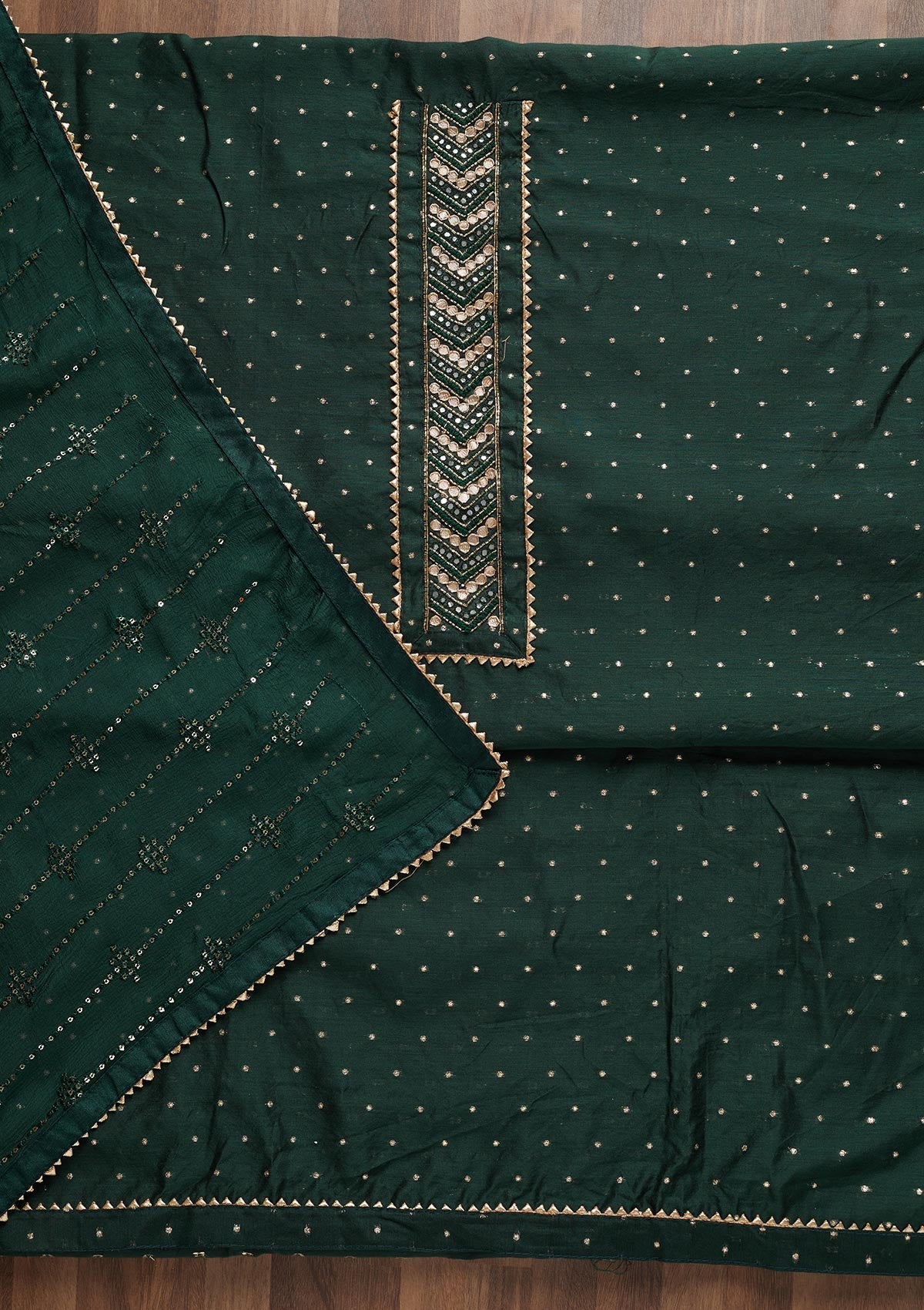 Bottle Green Zariwork Chanderi Unstitched Salwar Suit - Koskii