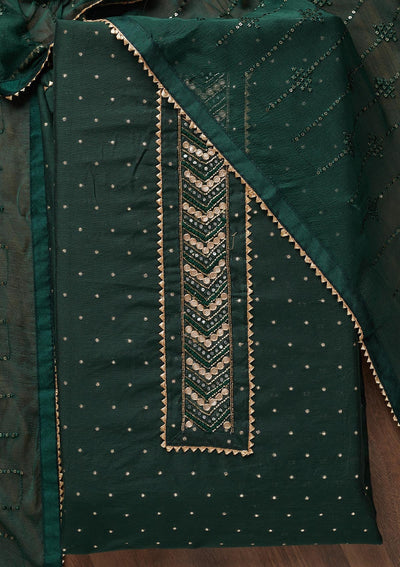 Bottle Green Zariwork Chanderi Unstitched Salwar Suit - Koskii