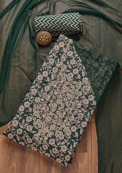 Bottle Green Zariwork Chanderi Unstitched Salwar Suit- Koskii