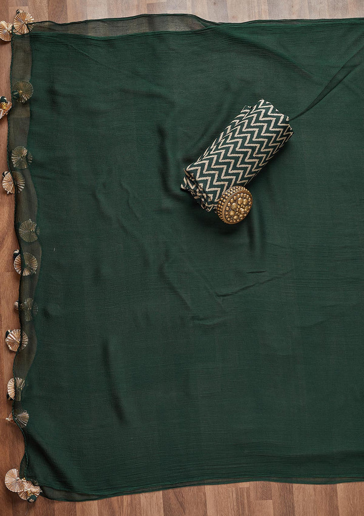 Bottle Green Zariwork Chanderi Unstitched Salwar Suit - Koskii