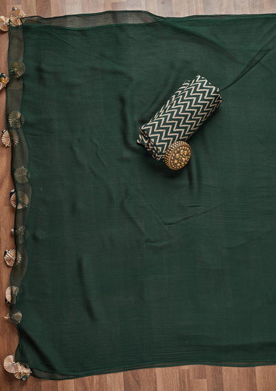 Bottle Green Zariwork Chanderi Unstitched Salwar Suit - Koskii