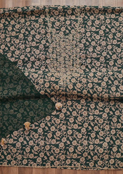 Bottle Green Zariwork Chanderi Unstitched Salwar Suit - Koskii