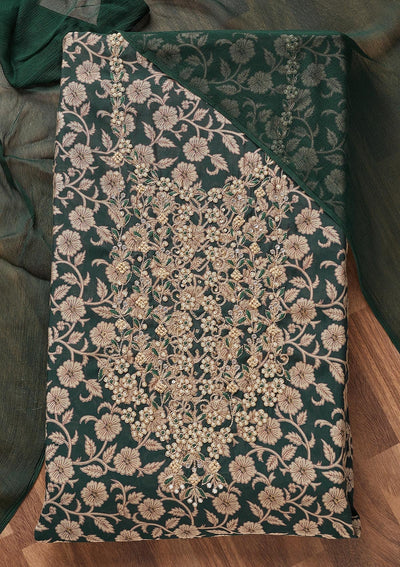 Bottle Green Zariwork Chanderi Unstitched Salwar Suit - Koskii