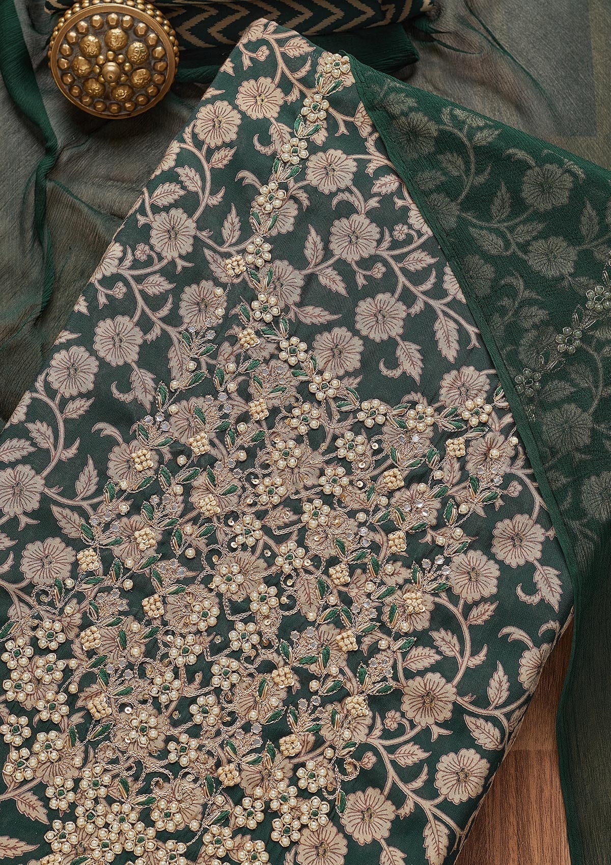 Bottle Green Zariwork Chanderi Unstitched Salwar Suit - Koskii