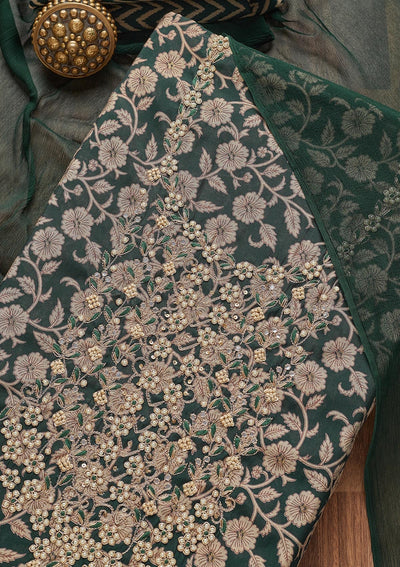 Bottle Green Zariwork Chanderi Unstitched Salwar Suit - Koskii