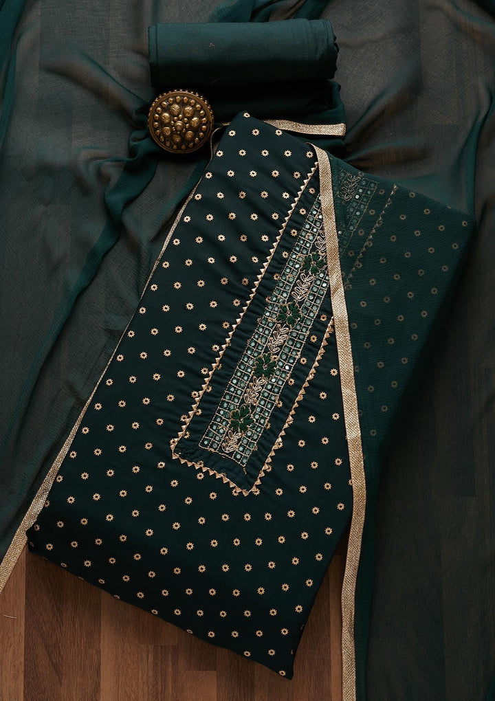 Bottle Green Zariwork Chanderi Unstitched Salwar Suit-Koskii