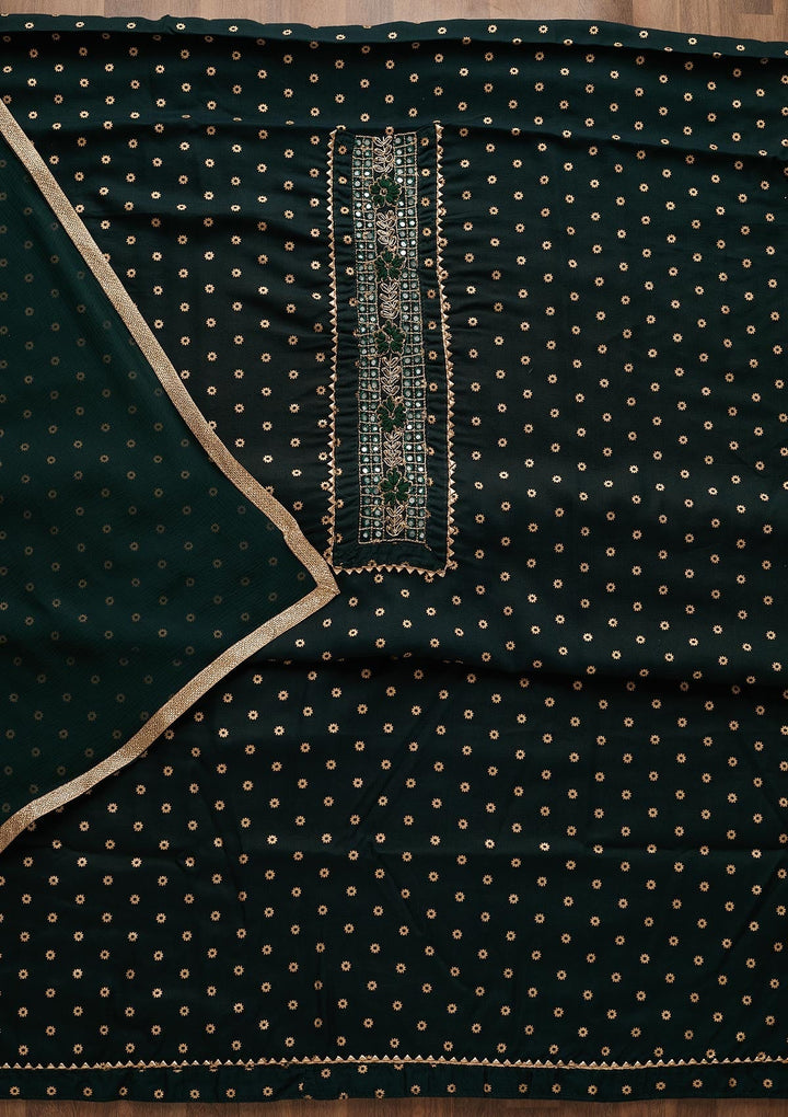 Bottle Green Zariwork Chanderi Unstitched Salwar Suit-Koskii