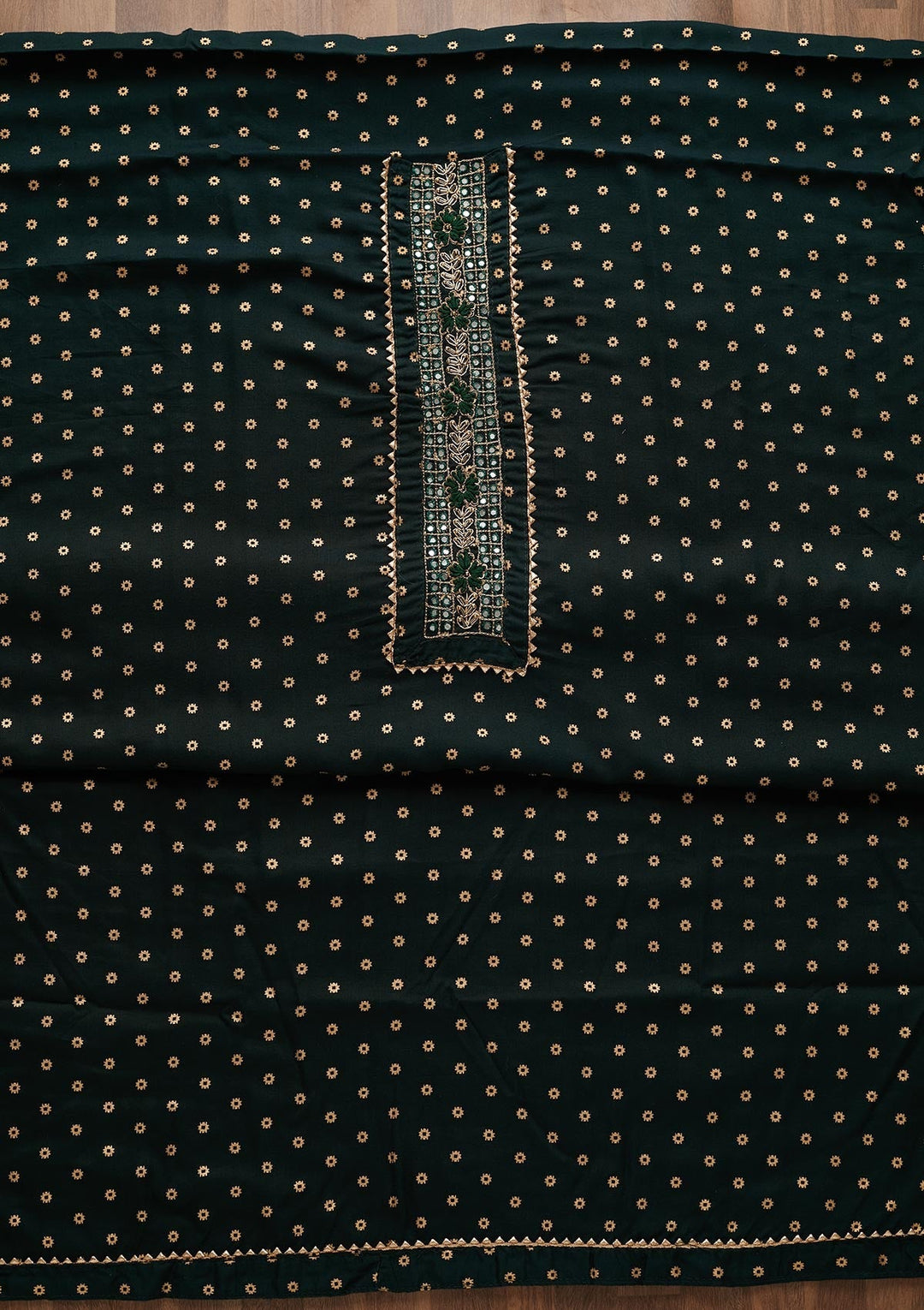 Bottle Green Zariwork Chanderi Unstitched Salwar Suit-Koskii
