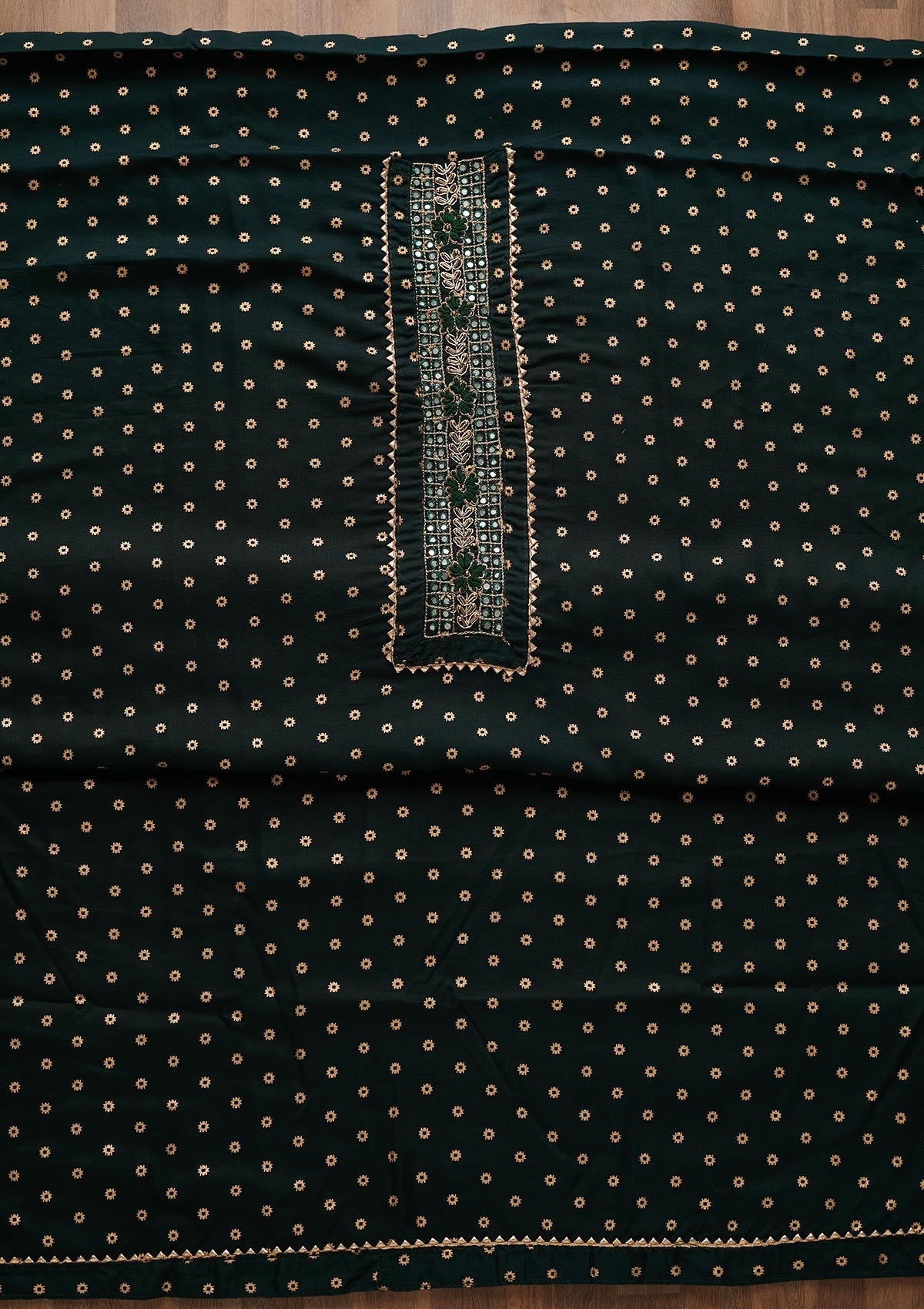 Bottle Green Zariwork Chanderi Unstitched Salwar Suit-Koskii