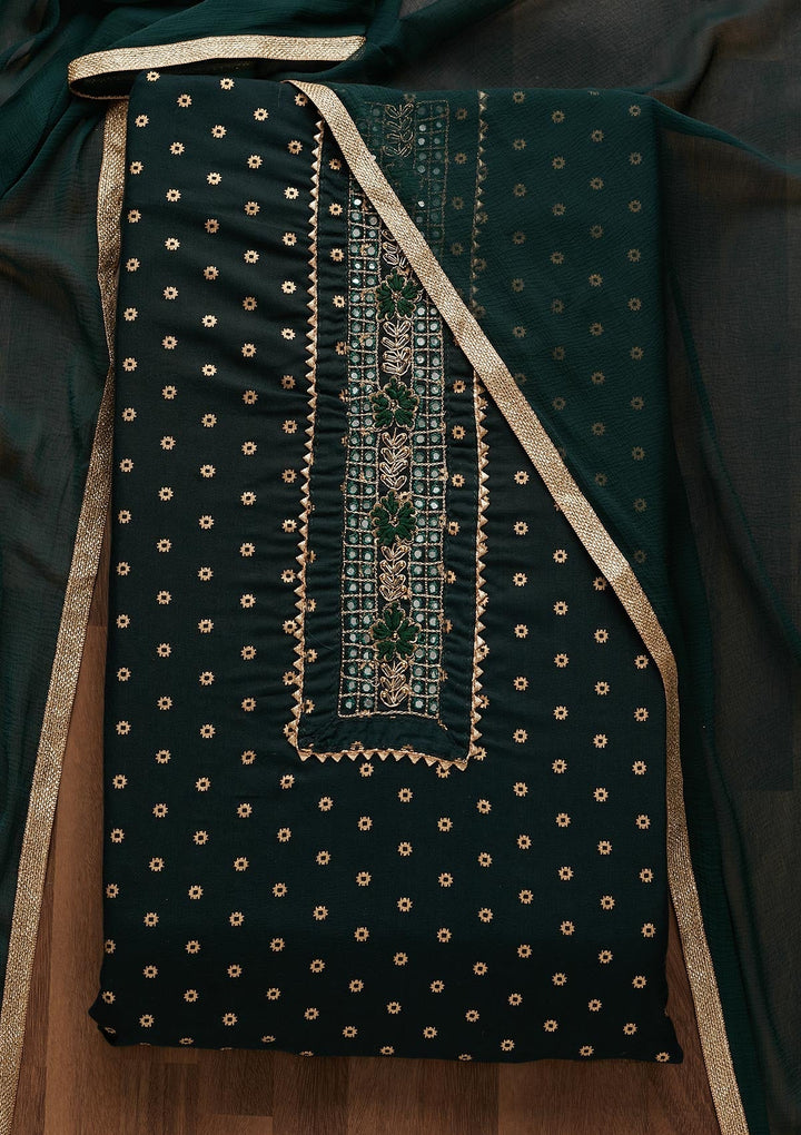 Bottle Green Zariwork Chanderi Unstitched Salwar Suit-Koskii